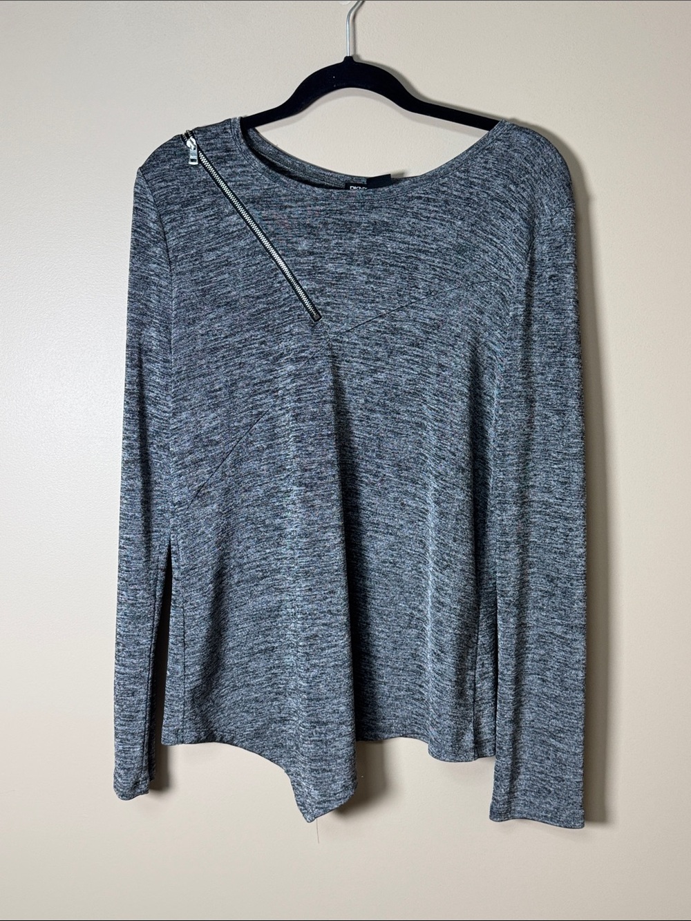 DKNY Heathered Gray Long Sleeve Top with Asymmetric Zip Large